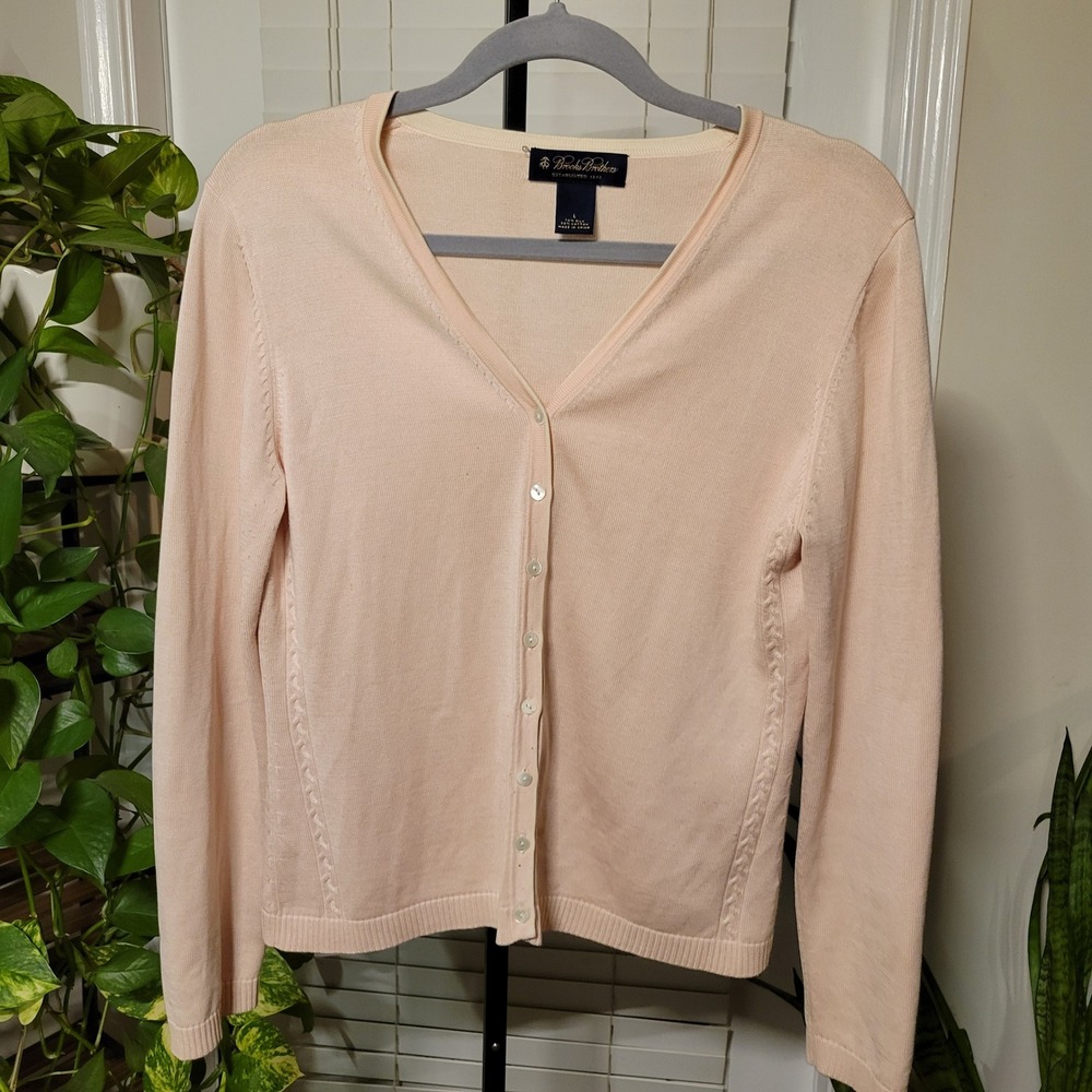 Brooks Brothers Peach Silk Cotton Blend V-Neck Cable Knit Cardigan Sweater L